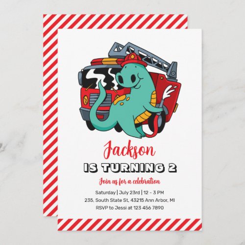 Cute Dinosaur Firefighter Kids Dino Birthday Invitation