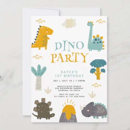 Cute Dinosaur First Birthday Party Invitation