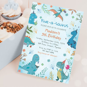 Cute Dinosaur Five-A-Saurus 5th Birthday Party Invitation