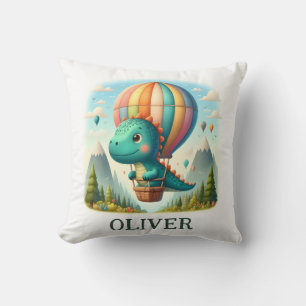 Cute Dinosaur Flying in a Hot Air Balloon Throw Pillow