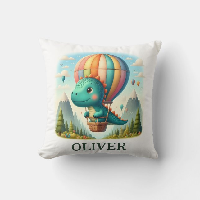 Cute Dinosaur Flying in a Hot Air Balloon Throw Pillow (Front)