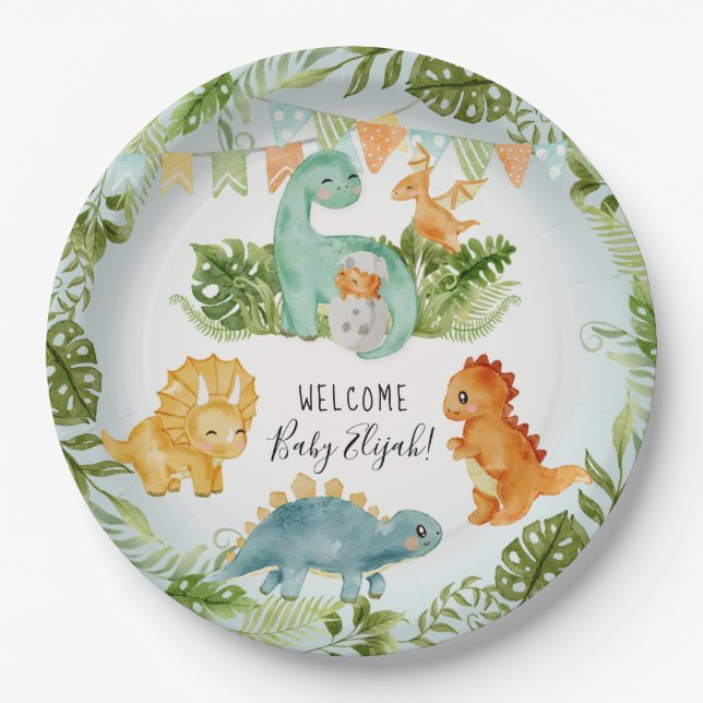Cute Dinosaur Foliage Watercolor Baby Boy Shower Paper Plates (Front)