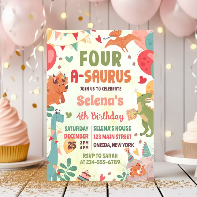 Cute Dinosaur Four-A-Saurus 4th Birthday Party Invitation (Creator Uploaded)