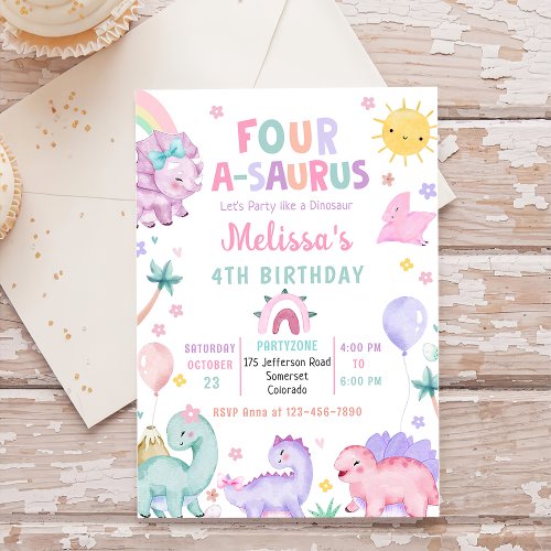 Cute Dinosaur Four_A_Saurus 4th Birthday Party Invitation