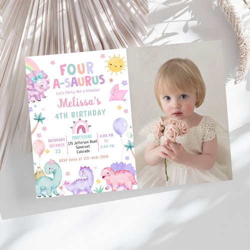 Cute Dinosaur Four_A_Saurus 4th Birthday Photo Invitation