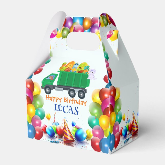 Cute Dinosaur garbage truck balloon birthday boy  Favor Boxes (Front Side)