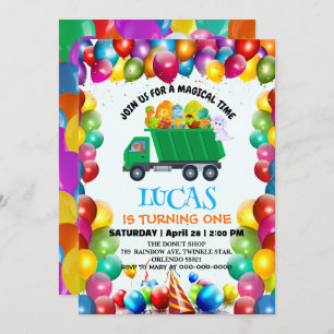 Cute Dinosaur garbage truck balloon birthday boy Invitation