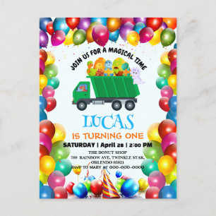 Cute Dinosaur garbage truck balloon birthday boy  Invitation Postcard