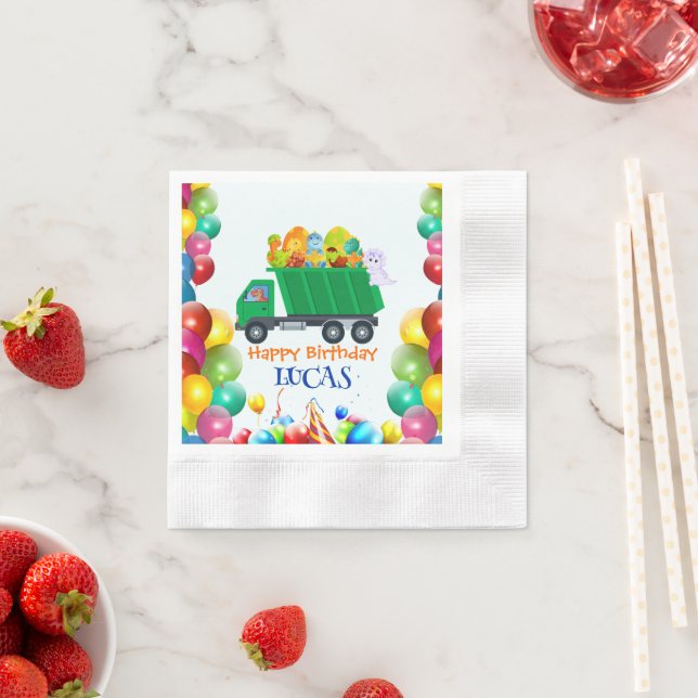 Cute Dinosaur garbage truck balloon birthday boy  Napkins (Insitu)