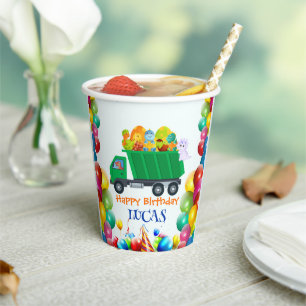 Cute Dinosaur garbage truck balloon birthday boy  Paper Cups