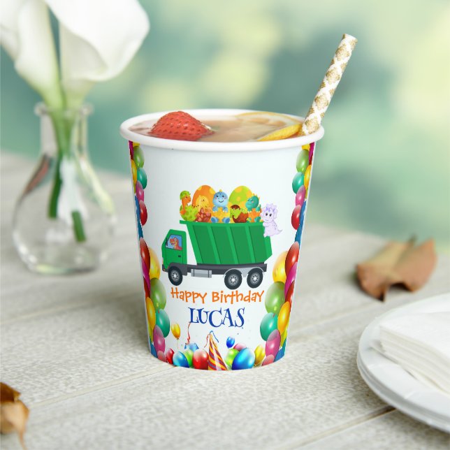 Cute Dinosaur garbage truck balloon birthday boy  Paper Cups (Insitu)