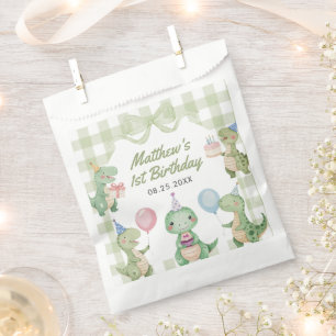 Cute Dinosaur Gingham 1st Birthday Party Favor Bag