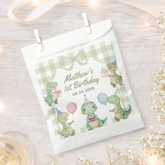 Cute Dinosaur Gingham 1st Birthday Party Favor Bag (Clipped)
