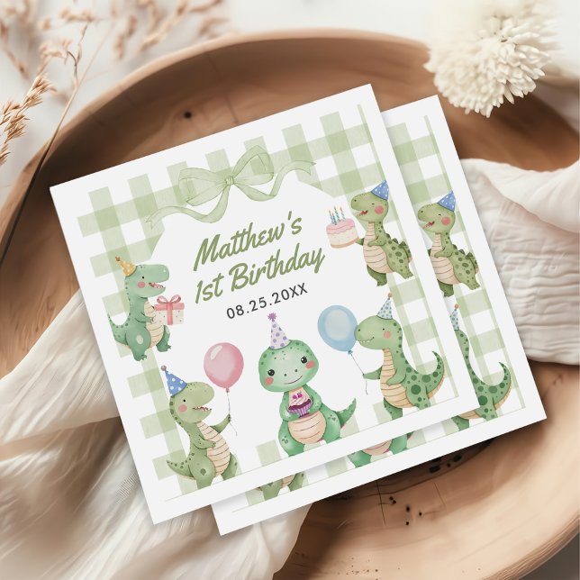 Cute Dinosaur Gingham 1st Birthday Party Napkins (Creator Uploaded)