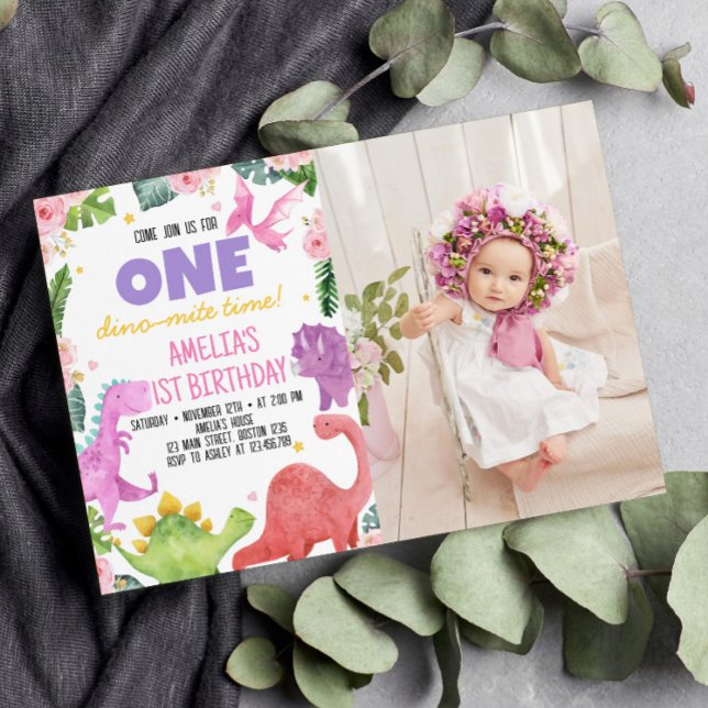 Cute Dinosaur Girl 1st Birthday Invitation (Creator Uploaded)