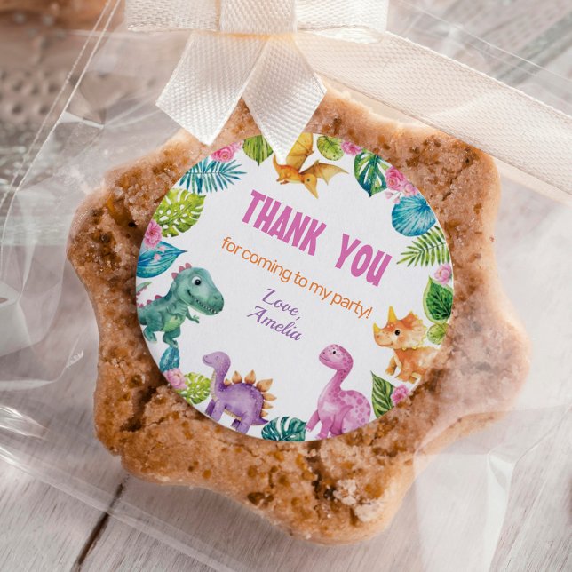 Cute Dinosaur Girl Birthday Classic Round Sticker  (Creator Uploaded)