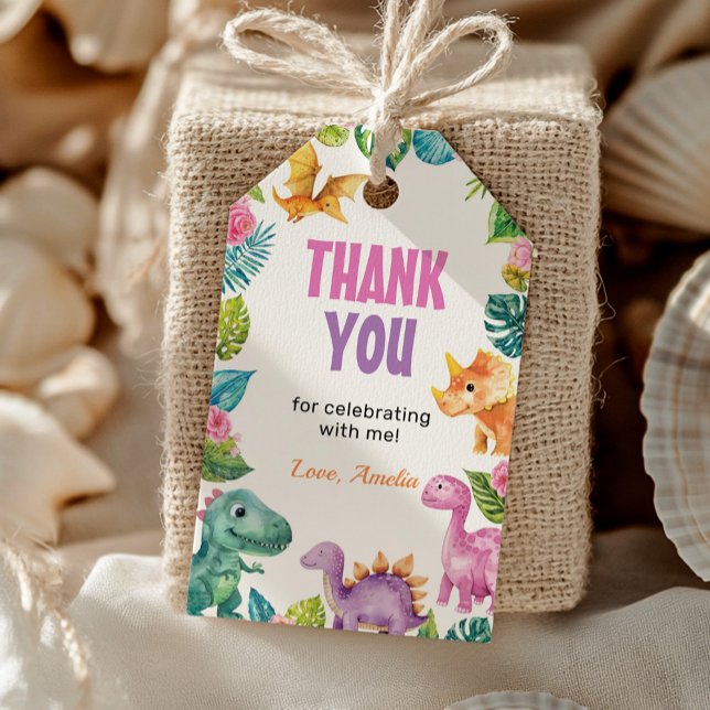 Cute Dinosaur Girl Birthday Party Thank You Tags (Creator Uploaded)
