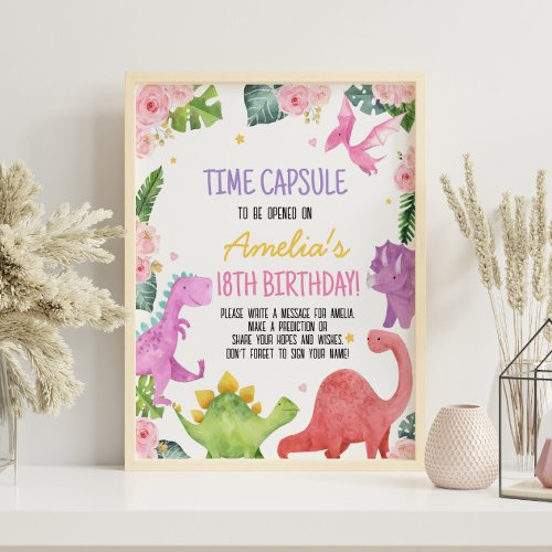 Cute Dinosaur Girl Birthday Time Capsule Sign