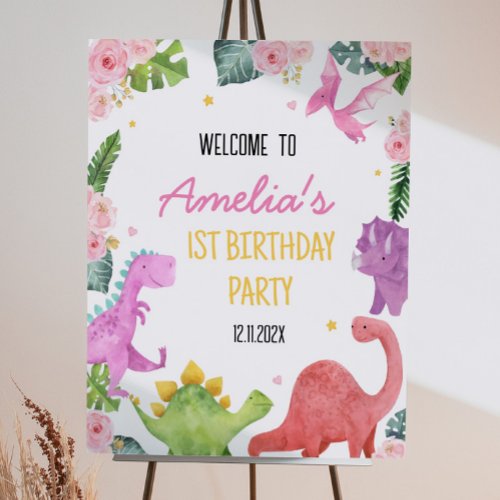 Cute Dinosaur Girl Birthday Welcome Sign