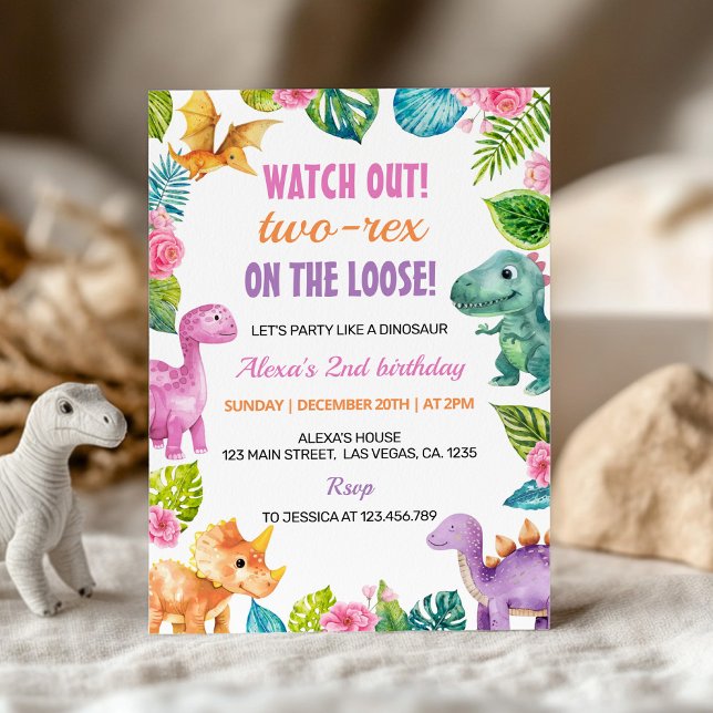 Cute Dinosaur Girl Two-Rex Birthday Invitation (Creator Uploaded)