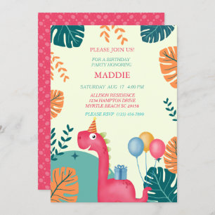 Cute Dinosaur Girls Birthday Party Invitation