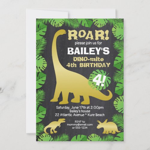 Cute Dinosaur Gold Tropical Chalkboard Birthday Invitation