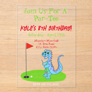 Cute Dinosaur Golf Themed Kids Birthday Acrylic Invitations