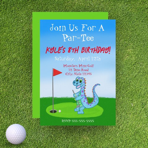 Cute Dinosaur Golf Themed Kids Birthday  Invitation