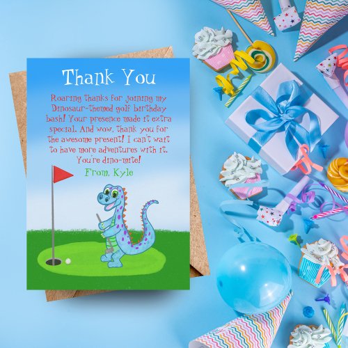Cute Dinosaur Golf Themed Kids Birthday  Thank You Card