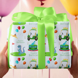 Cute Dinosaur Golf Themed Kids Happy Birthday Wrapping Paper