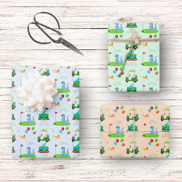 Cute Dinosaur Golf Themed Kids Happy Birthday Wrapping Paper Sheets