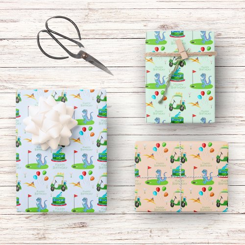 Cute Dinosaur Golf Themed Kids Happy Birthday Wrapping Paper Sheets