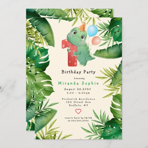 Cute Dinosaur Green Leaves 1st Birthday Party Invitation