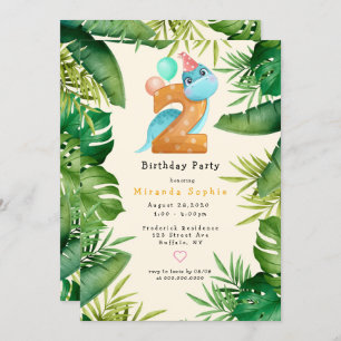 Cute Dinosaur Green Leaves 2nd Birthday Party Invitation