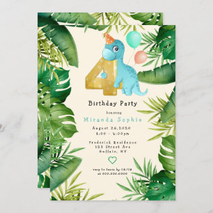 Cute Dinosaur Green Leaves 4th Birthday Party Invitation