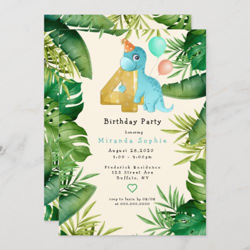 Cute Dinosaur Green Leaves 4th Birthday Party Invitation