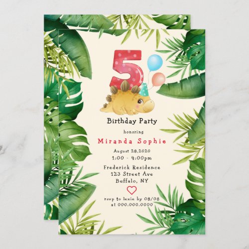 Cute Dinosaur Green Leaves 5th Birthday Party Invitation