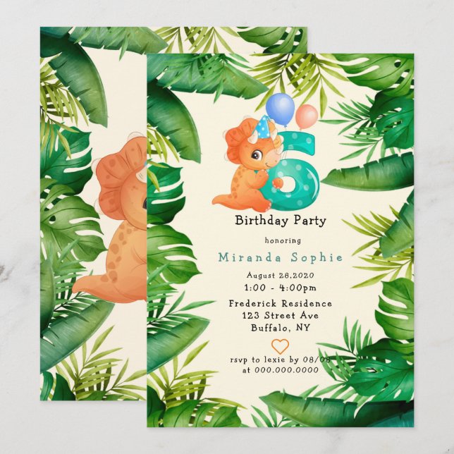 Cute Dinosaur Green Leaves 6th Birthday Party Invitation (Front/Back)