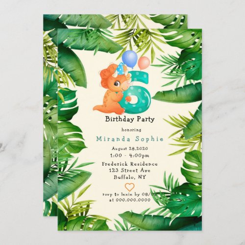 Cute Dinosaur Green Leaves 6th Birthday Party Invitation