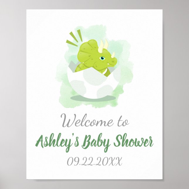 Cute Dinosaur Green Watercolor Baby Shower Welcome Poster (Front)