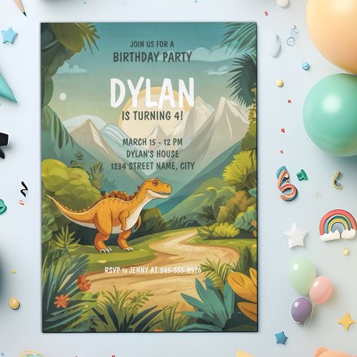 Cute Dinosaur Greenery 4th Birthday Party  Invitation