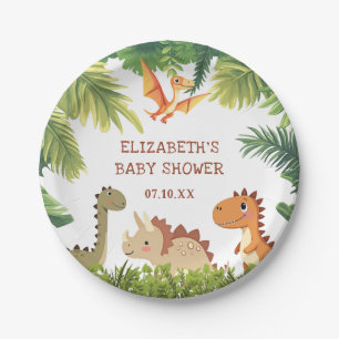 Cute Dinosaur Greenery Baby Shower Paper Plates