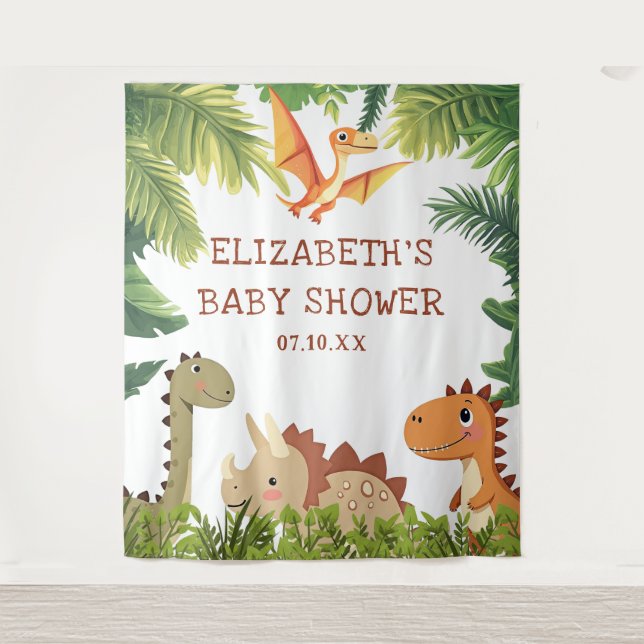 Cute Dinosaur Greenery Baby Shower Photo Backdrop (Front)