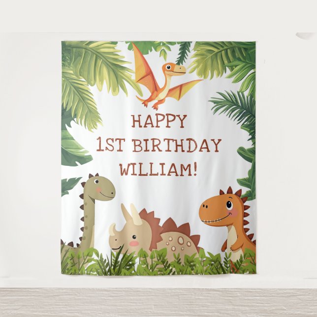 Cute Dinosaur Greenery Birthday Party Backdrop (Front)