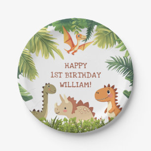 Cute Dinosaur Greenery Birthday Party Paper Plates