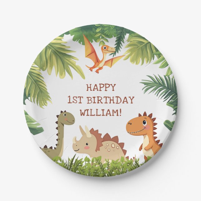 Cute Dinosaur Greenery Birthday Party Paper Plates (Front)