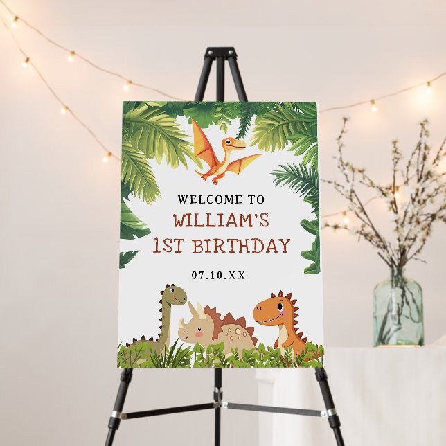 Cute Dinosaur Greenery Birthday Party Welcome Sign (In Situ (Stand))