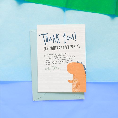 Cute Dinosaur Handwriting Boy Birthday Party Thank You Card
