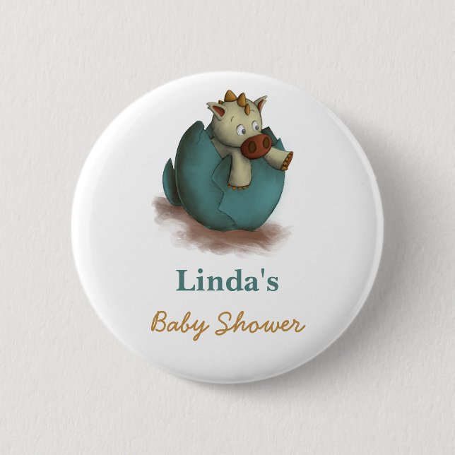 Cute Dinosaur Hatching Baby Shower Button (Front)