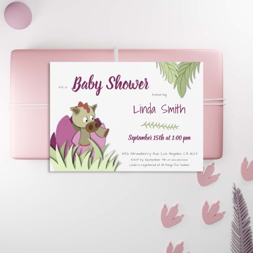 Cute Dinosaur Hatching Pink Girl Baby Shower Invitation